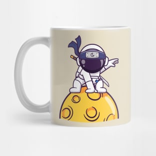 Cute Astronaut Ninja Landing On Moon Cartoon Mug